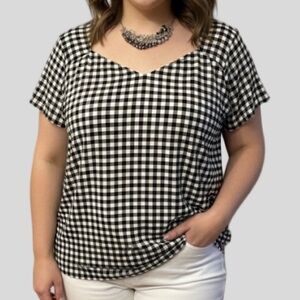PENNINGTONS Black & White Check Short Sleeve Top Tie Back size 1X
